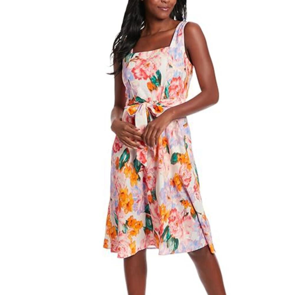 NWT London Times Women's Linen Blend Square Neck Fit And Flare Midi Dress